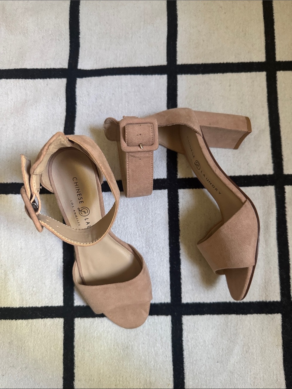 Chinese Laundry Nude/Tan Block Heel Sandals with Ankle Buckle